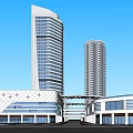 Modern Commercial Street With Tall Buildings Geometric Facades And Pedestrian Bridge