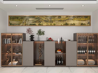 Elegant Display Shelves with Decorative Painting Plants Wine Bottles and Fruit Plate 3d model