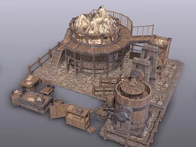 Rustic Circular Building Featuring Domed Roof Wooden Railings Stone Paved Ground And Wooden Barrels 3d model