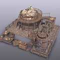 Rustic Circular Building Featuring Domed Roof Wooden Railings Stone Paved Ground And Wooden Barrels
