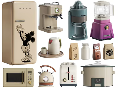Vintage Kitchen Appliances Collection With Refrigerator Coffee Maker Juicer Blender And Microwave 3d model