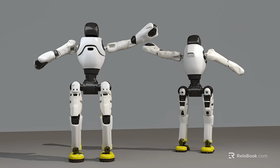 Intelligent Robots With White Black Exterior Yellow Feet And Interacting Raised Arms Posture 3d model 