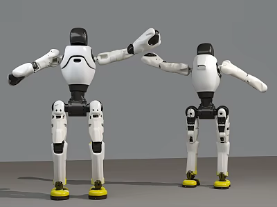 Intelligent Robots With White Black Exterior Yellow Feet And Interacting Raised Arms Posture 3d model