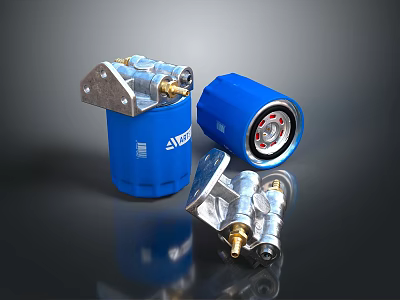 Blue Cylindrical Filters With Metal Fittings And Exposed Internal Components On Dark Surface 3d model