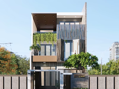 Modern Detached Villa Exterior Design With Green Vines Large Windows And Balcony 3d model
