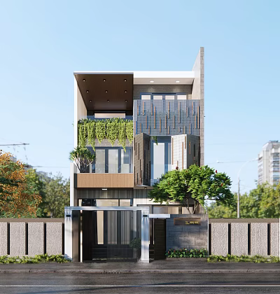 Modern Detached Villa Exterior Design With Green Vines Large Windows And Balcony 3d model