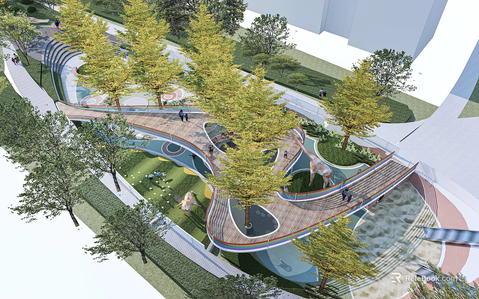 Modern Park Landscape with Winding Wooden Walkways Green Trees and People Walking and Water Features 3d model 