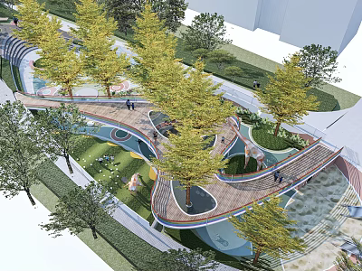 Modern Park Landscape with Winding Wooden Walkways Green Trees and People Walking and Water Features 3d model