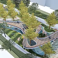 Modern Park Landscape with Winding Wooden Walkways Green Trees and People Walking and Water Features