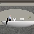 Modern Front Desk Reception Area With White Curved Desk Computers Green Plant And Staff Member