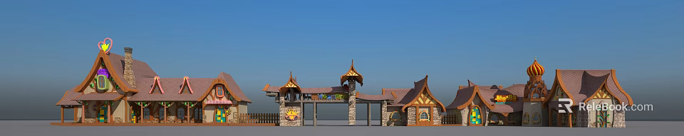 Cartoon Themed Entrance With Pointed Roofs Wooden Structures Stone Pillars Colorful Sign And Playful Design 3d model 
