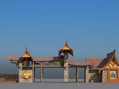Cartoon Themed Entrance With Pointed Roofs Wooden Structures Stone Pillars Colorful Sign And Playful Design 3d model
