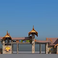 Cartoon Themed Entrance With Pointed Roofs Wooden Structures Stone Pillars Colorful Sign And Playful Design