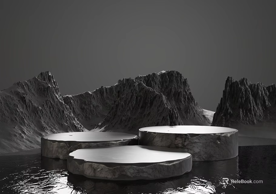 Circular Stone Display Platforms For Product Showcase With Mountain Background And Water Reflection 3d model 