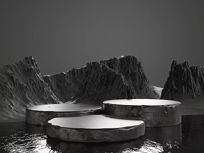 Circular Stone Display Platforms For Product Showcase With Mountain Background And Water Reflection 3d model