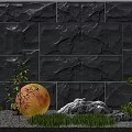 Gray Stone Feature Wall With Round Yellow Light Small Plants And Grass 3d model