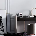 Elegant Modern Dressing Table With Black Countertop Gold Round Mirror And Velvet Stool