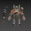 Muscular Minotaur Character With Horns Skull Symbol Large Sword Green Pants And Black Boots