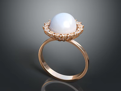 Elegant Rose Gold Ring With Large White Pearl And Sparkling Diamonds Design 3d model