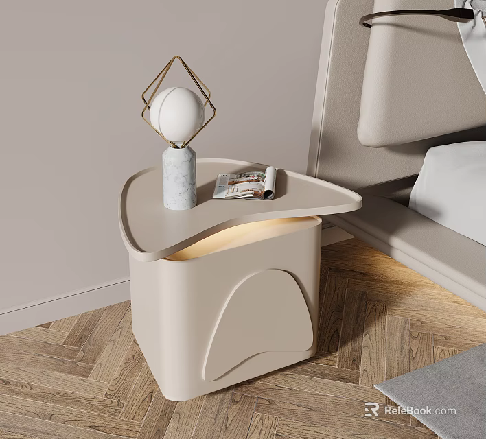 Stylish Modern Bedside Table With Marble Base Lamp LED Light And Magazine 3d model 