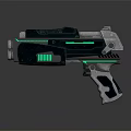 Futuristic Sci Fi Pistol With Green Glowing Lines Metallic Body And Ergonomic Grip Design