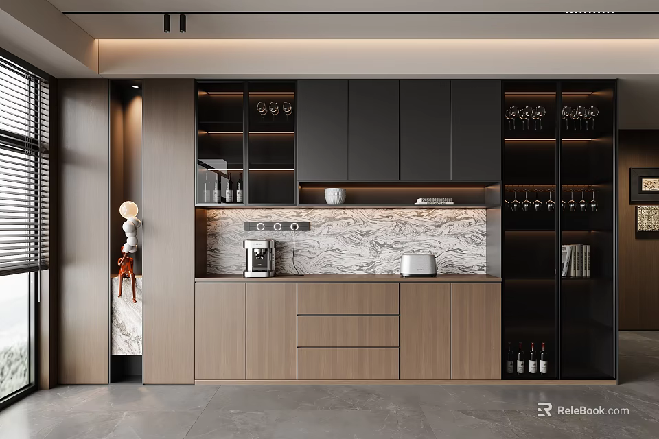Modern Sideboard Design With Black Wood Glass Doors Marble Countertop And Appliances 3d model 