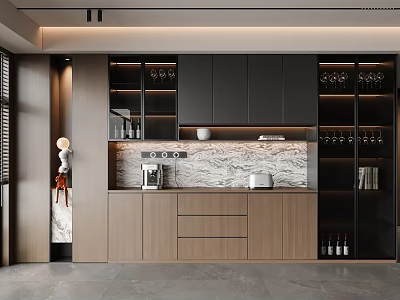Modern Sideboard Design With Black Wood Glass Doors Marble Countertop And Appliances 3d model