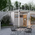 Modern Commercial Street With Container Buildings Outdoor Seating Green Plants And Terrace