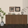 Modern Entryway Console Cabinet With Framed Wall Art Potted Plant And Wooden Finish