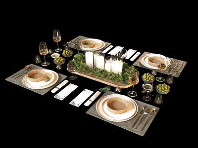 Elegant Dinnerware Set With Plates Cutlery Wine Glasses Candles And Decorative Greenery 3d model
