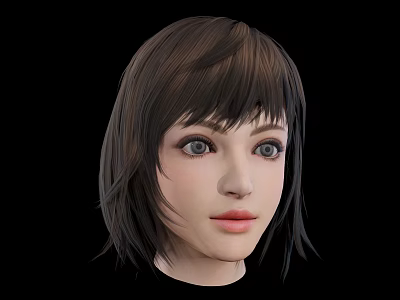3D Female Head Model With Short Brown Hair and Fringe Against Black Background 3d model