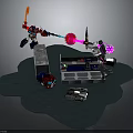Red Blue And White Robot Warriors Fighting With Orange Pink Weapons And Vehicles