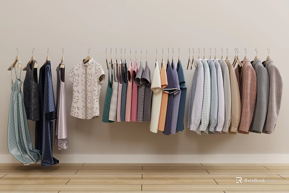 Clothes Hanging on Hangers with Various Colors and Styles Against Light Wall and Wooden Floor 3d model 