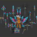 Colorful 3D Rendered Mechanical Character And Creature With Wings Hammers And Swords