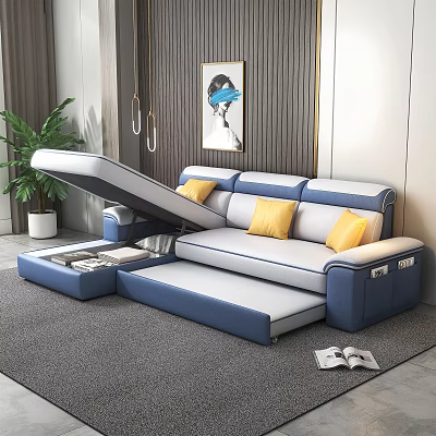 Modern Blue White Sectional Storage Sofa With Yellow Cushions And Plant In Living Room 3d model