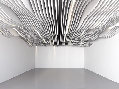 Modern Ceiling Design with Curved Stripes Integrated Lighting White Gray Interior Space 3d model