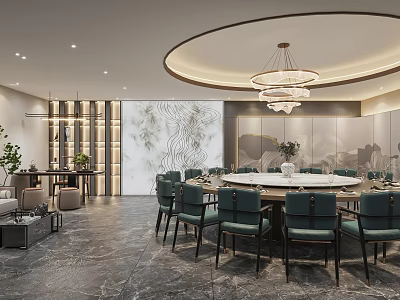 Private Dining Room Modern Design With Round Table Green Chairs Chandelier And Marble Wall 3d model