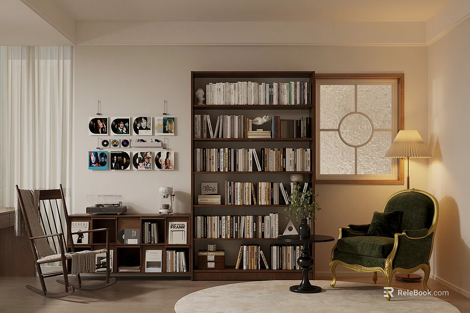 Elegant Study Room Interior With Large Bookshelves Green Armchair And Decorative Wall Art 3d model 