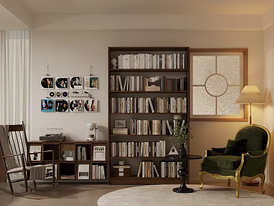 Elegant Study Room Interior With Large Bookshelves Green Armchair And Decorative Wall Art 3d model