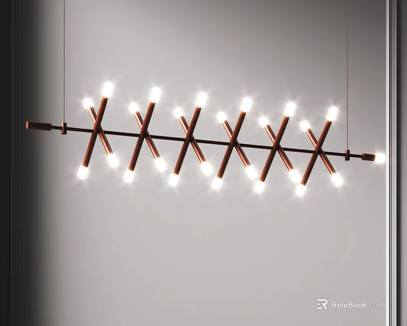 Modern Copper Metal Linear Cross Structure Chandelier With Bright Ceiling Lights 3d model