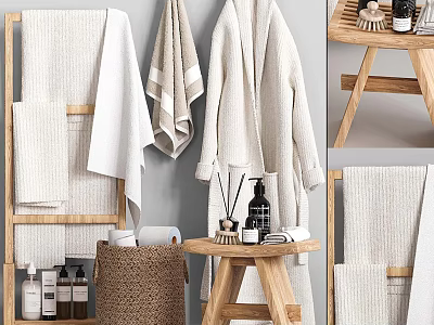 Natural Style Bathroom Essentials With Towels Robe Toiletries And Storage 3d model