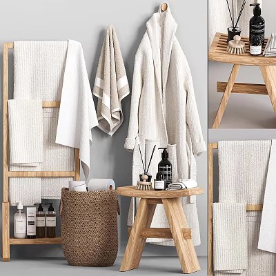 Natural Style Bathroom Essentials With Towels Robe Toiletries And Storage 3d model