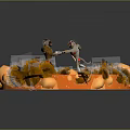 Game Movie Characters Fighting On Orange Circular Platform With Plants And Rocks