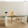 Modern Glass Top Desk With Marble Legs Wooden Chair Lamp Sculpture And Magazine