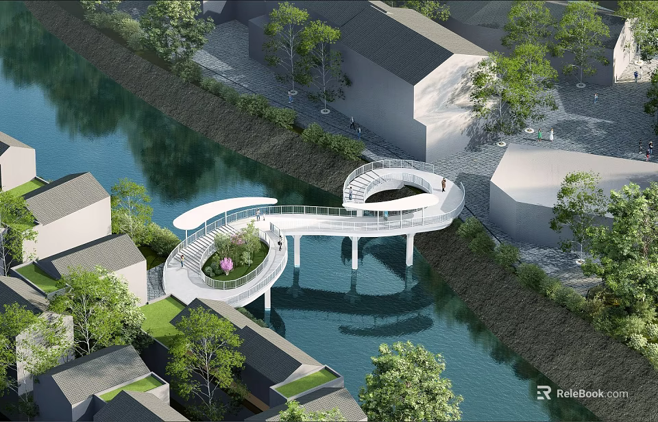 Scenic Modern Spiral Bridge Design Over Urban River With Green Trees and Houses 3d model 