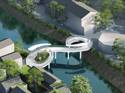 Scenic Modern Spiral Bridge Design Over Urban River With Green Trees and Houses 3d model