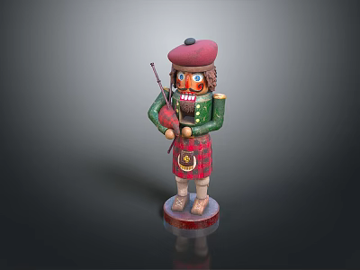 Scottish Nutcracker Figurine In Red Hat Green Jacket And Tartan Kilt With Bagpipe 3d model