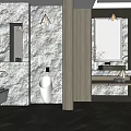 Modern Bathroom Interior with Stone Wall Wooden Panels Toilet Urinal Vanity and Mirror Lighting