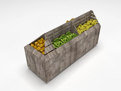 Wooden Display Shelves for Fruit Display with Lemons Bananas and Green Fruits 3d model