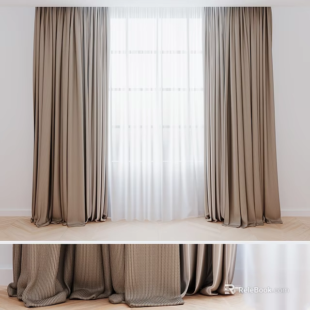 Elegant Brown Curtains With White Sheer Panels For Modern Window Interior 3d model